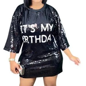 SEQUIN MY BIRTHDAY PRINT THREE QUARTER SLEEVE CASUAL MINI DRESS